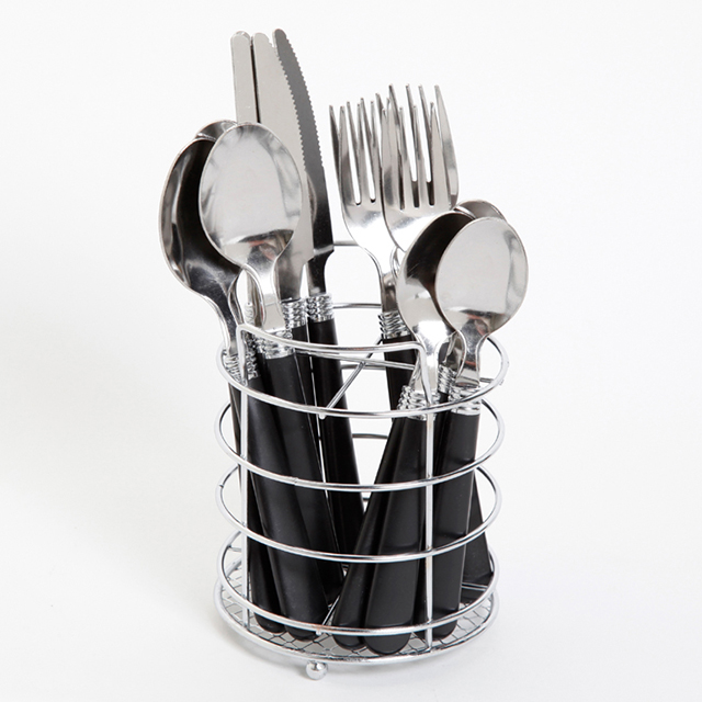 GIBSON SENSATIONS II 16PC BLACK FLATWARE SET WITH WIRE CADDY