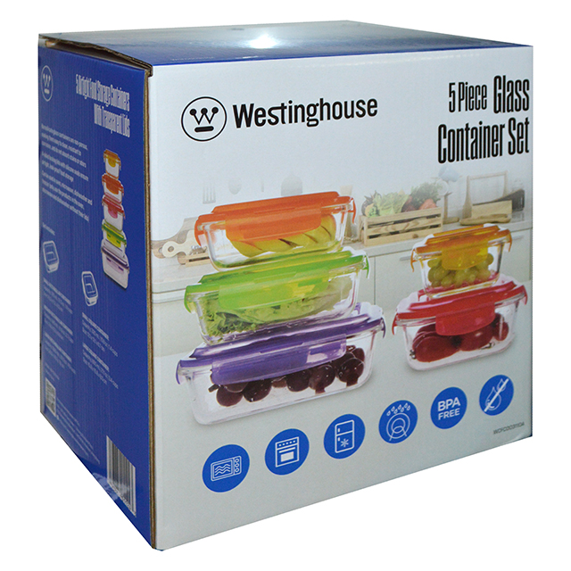 WESTINGHOUSE 5PC ASST GLASS STORAGE SET WITH COLOR LIDS