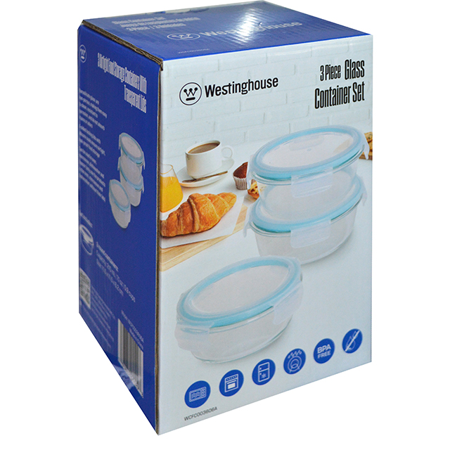 WESTINGHOUSE 3PC ROUND GLASS STORAGE SET W-BLUE LIDS