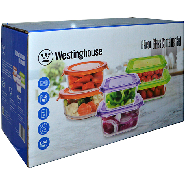 WESTINGHOUSE 6PC ASST GLASS STORAGE SET W-COLOR LIDS