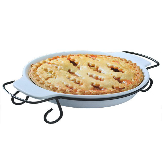 GIBSON GRACIOUS DINING 11.6 INCH OVAL PIE DISH W-METAL RACK, WHI