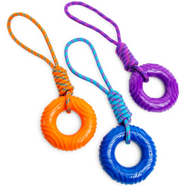 DOG TOY RUBBER RING W PULL ROPE