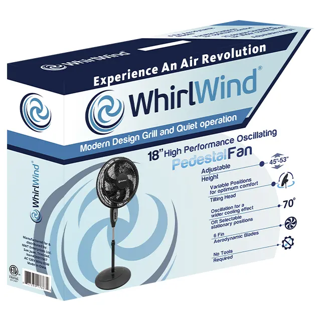 WHIRLWIND BLACK 18" PEDESTAL FAN 6 BLADE