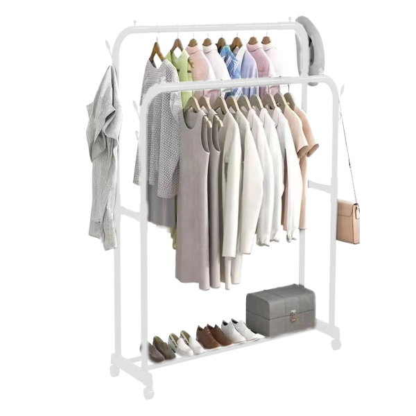 CLOTHES RACK DOUBLE WITH WHEEL WHT