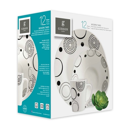 [9484212] GIBSON MODERN TIMES 12PC DINNERWARE SET, WHITE & BLACK