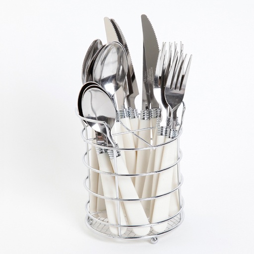 [5338216] GIBSON SENSATIONS II 16PC WHITE FLATWARE SET WITH WIRE CADDY