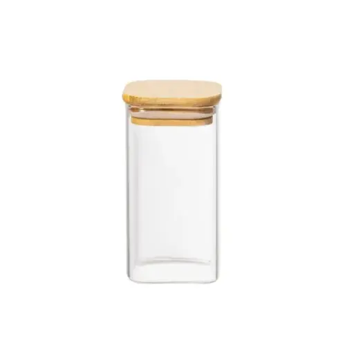 [253937] GLASS JAR SQR W/ AIR TIGHT BAMBOO LID 10x18cm