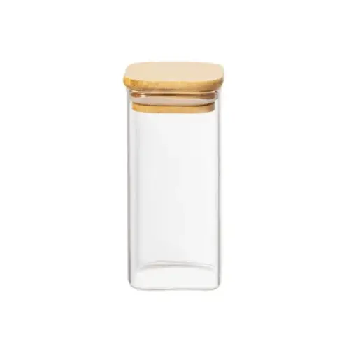 [253938] GLASS JAR SQR W/ AIR TIGHT BAMBOO LID 10x20cm