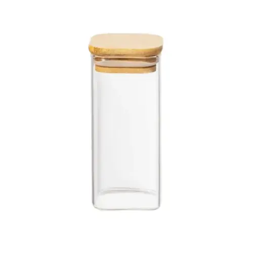 [253939] GLASS JAR SQR W/ AIR TIGHT BAMBOO LID 10x25cm