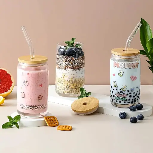 [39334] Glass tumblers with bamboo lid 16oz