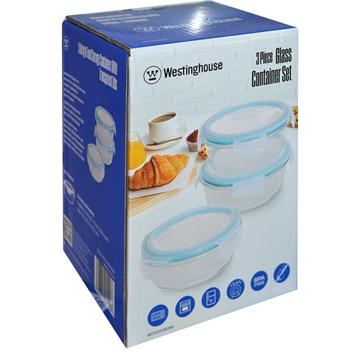 [WCFC003606A] WESTINGHOUSE 3PC ROUND GLASS STORAGE SET W-BLUE LIDS