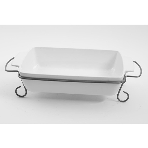 [12439102] GIBSON GRACIOUS DINING 15.5 INCH RECT DISH W-METAL RACK, WHITE